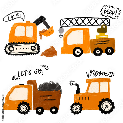 Cute set of orange construction site machines vehicles transportation excavator crane tractor dump trash toy truck with text doodle hand drawn kids crayon watercolor png illustration vroom beep dig it