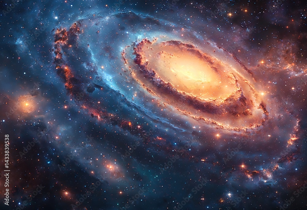 Fototapeta premium a vibrant spiral galaxy, bathed in warm golden hues at its core and surrounded by swirling arms of cool blue nebulosity, stands out against a backdrop of countless distant stars and cosmic dust.