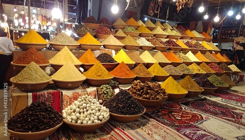 Fototapeta Naklejka Na Ścianę i Meble -  Vibrant spice market display featuring a colorful assortment of spices arranged in neat pyramids. Ideal for food, travel, or cultural themes. Exotic, aroma, tradition.