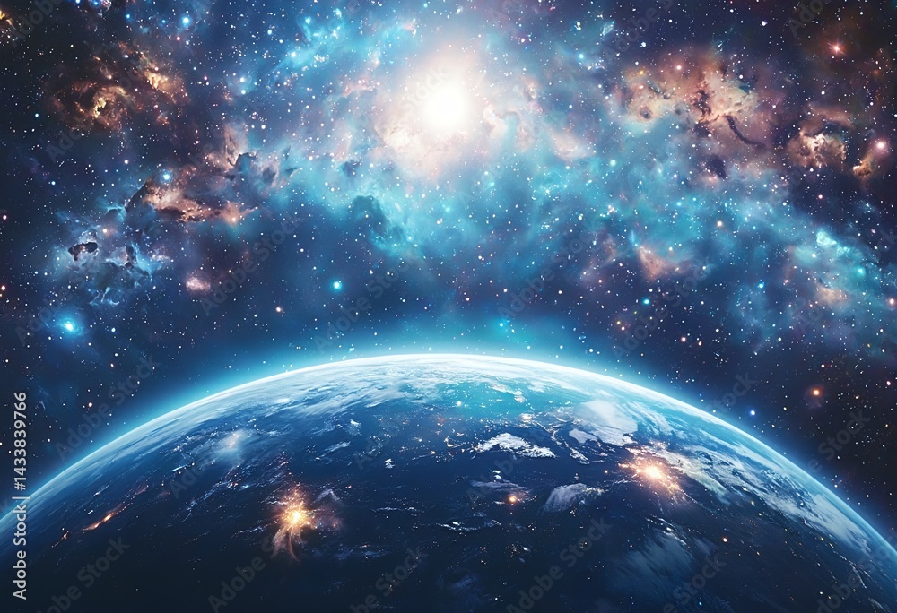 Obraz premium a vibrant view of earth curving into a dazzling, colorful nebula-filled cosmos with city lights illuminating the night side of the planet.