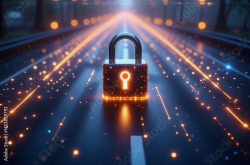 A glowing padlock sits on a digital highway, symbolizing data security and the journey toward protected information.  The path ahead is illuminated, suggesting a future of secure connectivity.