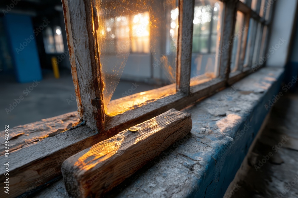 Fototapeta premium Sunlight Streaming Through Windowpane Highlighting Rustic Wood and Dust Particles in Industrial Space