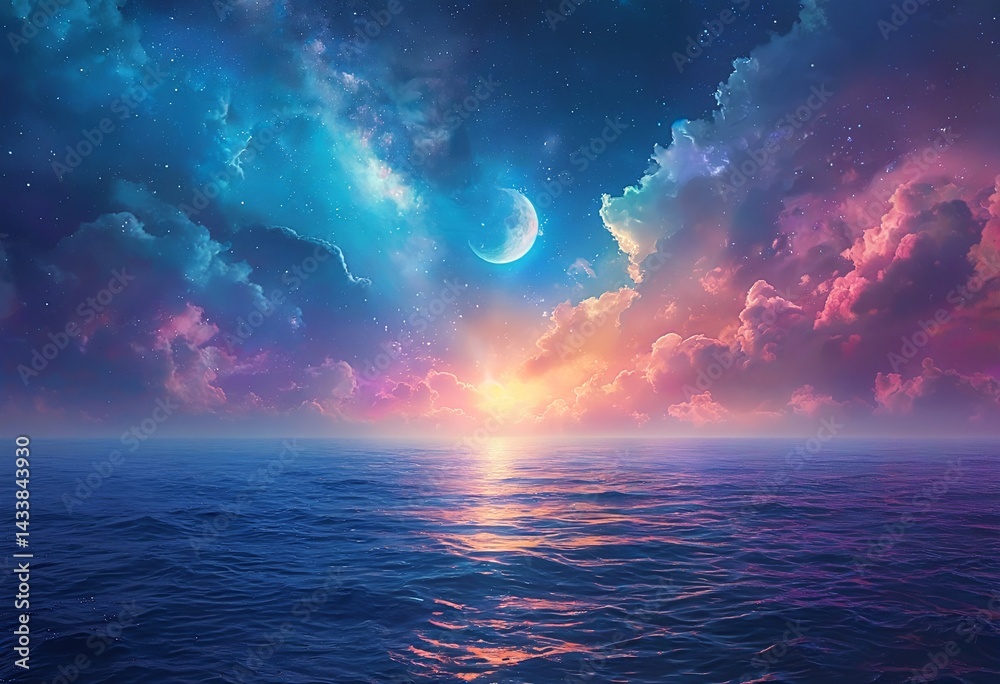 Fototapeta premium a vibrant and surreal seascape depicts a crescent moon rising over a fiery orange and pink horizon reflected in the dark, rippling ocean under a swirling, star-filled, teal and magenta sky.