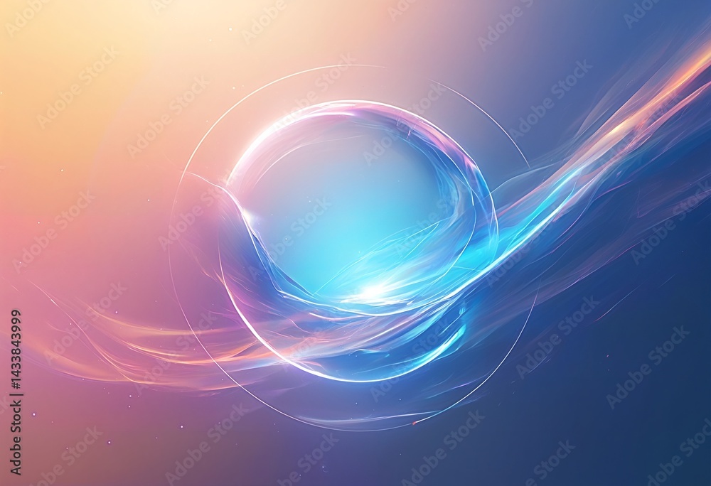Fototapeta premium a vibrant and ethereal abstract composition features swirling bands of blue, pink, and orange light emanating from a central glowing core against a gradient background.