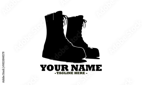 Pair of black leather military or work boots with white laces isolated on a transparent background. Fashion concept, hiking boots outdoor vector and work boots logo icon