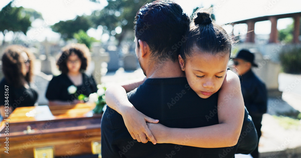Child, hug or father in graveyard, compassion or burial for death, support or mourning with coffin. Girl, depressed or sad kid in cemetery for grief, loss or embrace with dad, crying and sympathy