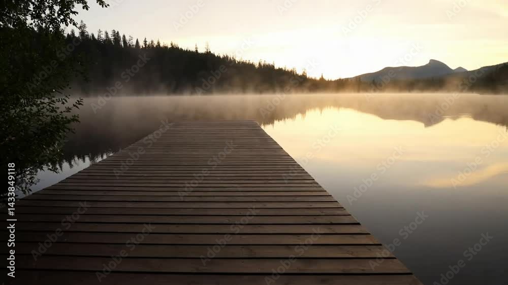 Lake Pier at Sunrise with Fog Rolling Over Still Water Lake Pier at Sunrise with Fog Rolling Over Still Water
