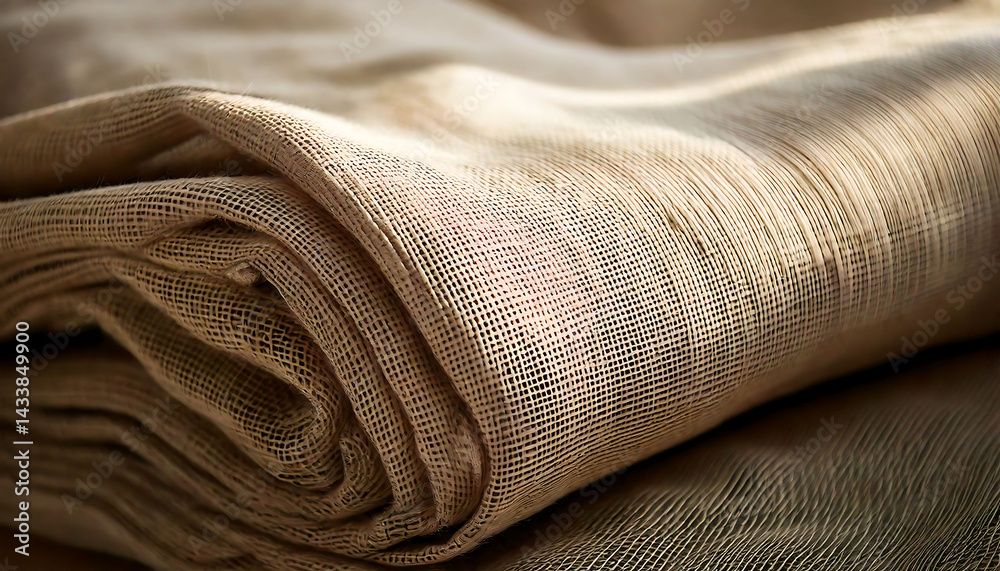 Fototapeta premium Closeup shot of folded, naturalcolored burlap fabric. Texture, detail, and neutral tone. Ideal for backgrounds, crafts, and textilerelated projects.