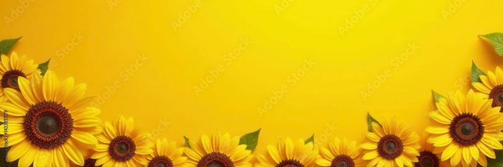Obraz premium Bold sunflower border, rich yellow orange tones against sunny yellow, bright, harvest, golden