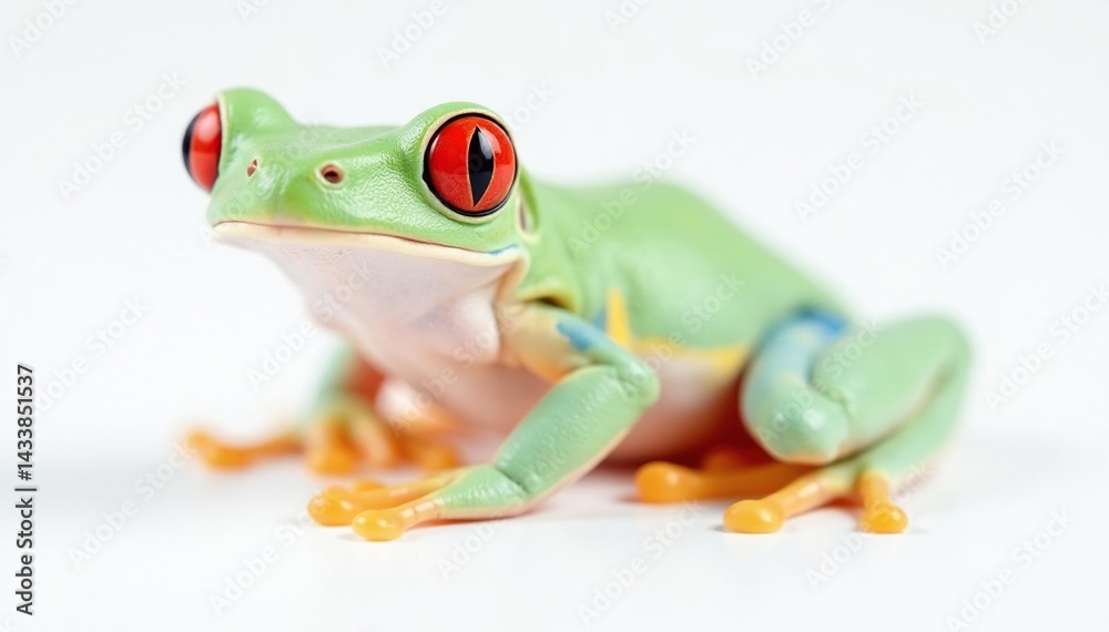 Obraz premium Single red-eyed tree frog on pure white backdrop, legs, animal portrait, texture