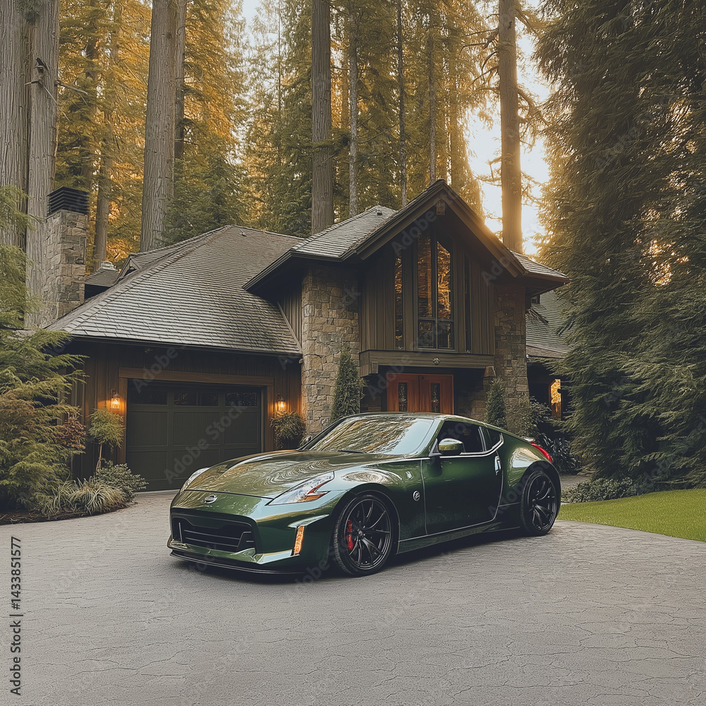 Fototapeta premium Haus in Wald mit Sportwagen, Luxus