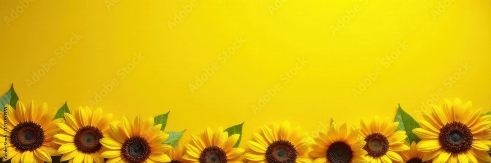 Obraz premium Cheerful sunflower border, ample yellow space, nature, summer