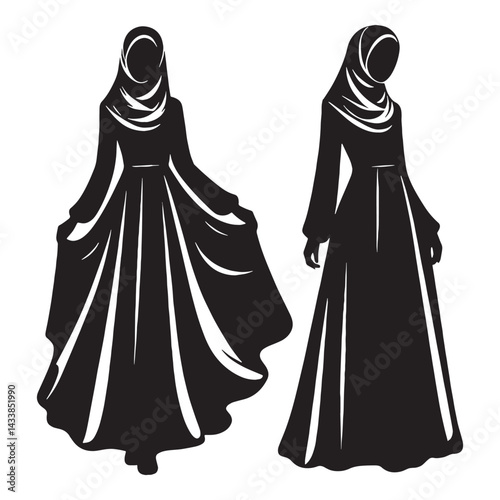 Chic Hijab Fashion silhouette, fashionable modest wear – Hijab Fashion illustration – Minimalist Hijab Fashion vector – Ladies dress silhouette

