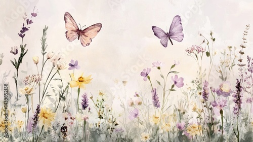 Pastel wildflowers and butterflies in a meadow scene