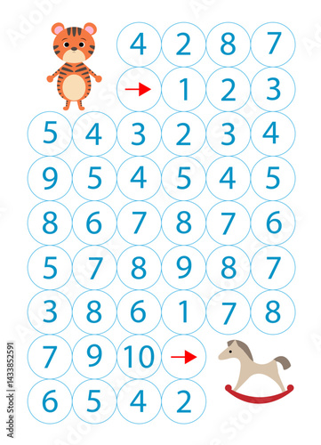Game "Find the path by numbers" with funny tiger
