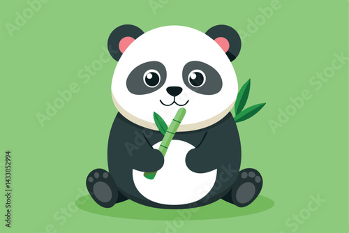 Cute panda holding bamboo on a green background in a playful and cheerful pose