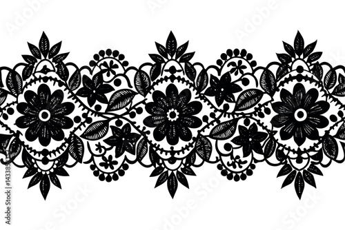 Detailed black lace design featuring flowers and leaves on a white background for textile or craft projects