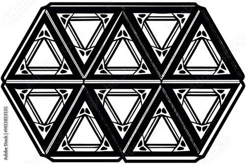 Intricate geometric pattern featuring interconnected hexagons and triangles in a modern design