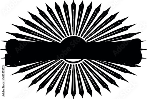 Decorative sunburst emblem with sharp rays depicting artistic design and bold central banner