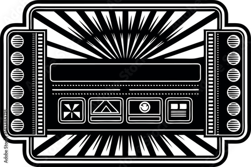Artwork featuring vintage graphic design elements with bursts and shapes in a bold black and white style
