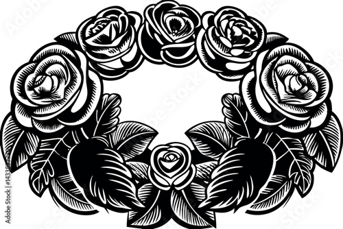 Black and white floral wreath design featuring roses and leaves in a classic style