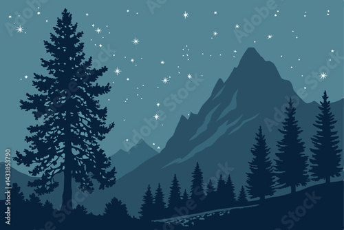 Night sky filled with stars above mountain landscape and silhouette of tall pine trees