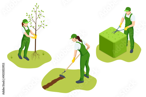 Agricultural cultivation. Two people prepare the field by digging rows, planting a young tree, and trimming decorative greenery in a clean and organized eco garden.