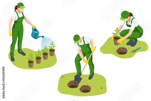 Agricultural cultivation. A woman waters young potted plants, while others dig holes and transplant seedlings into the ground, supporting eco farming practices.