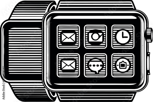 Smartwatch displaying various applications such as messaging, time, and notifications in a modern design
