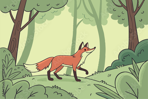 Fox exploring a lush forest during a sunny day