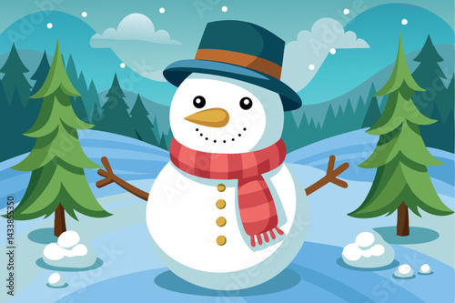 Colorful snowman standing in a winter landscape surrounded by evergreen trees and snow with mountains in the background