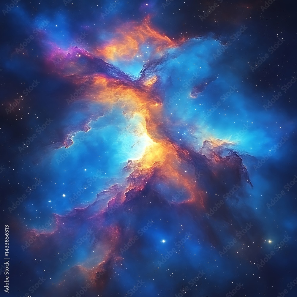 Obraz premium Cosmic nebula ablaze with vibrant colors. Vast expanse of space filled with swirling, luminous clouds of gas and dust. Intricate patterns of vibrant hues