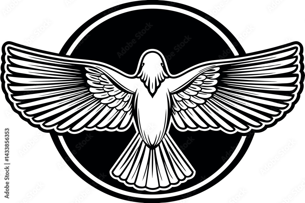 Detailed illustration of a bird with outstretched wings against a circular background representing freedom and nature Detailed illustration of a bird with outstretched wings against a circular background representing freedom and nature