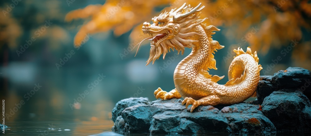 Fototapeta premium Golden Dragon Statue on Rocks by Water