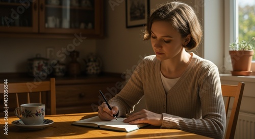 Woman journaling at her kitchen table in natural light, writing