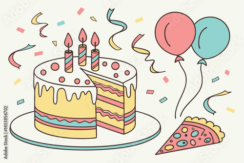 Birthday cake celebration with colorful balloons and festive decorations in a cheerful atmosphere