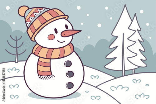 Snowman wearing a colorful hat and scarf in a winter landscape with trees and falling snowflakes