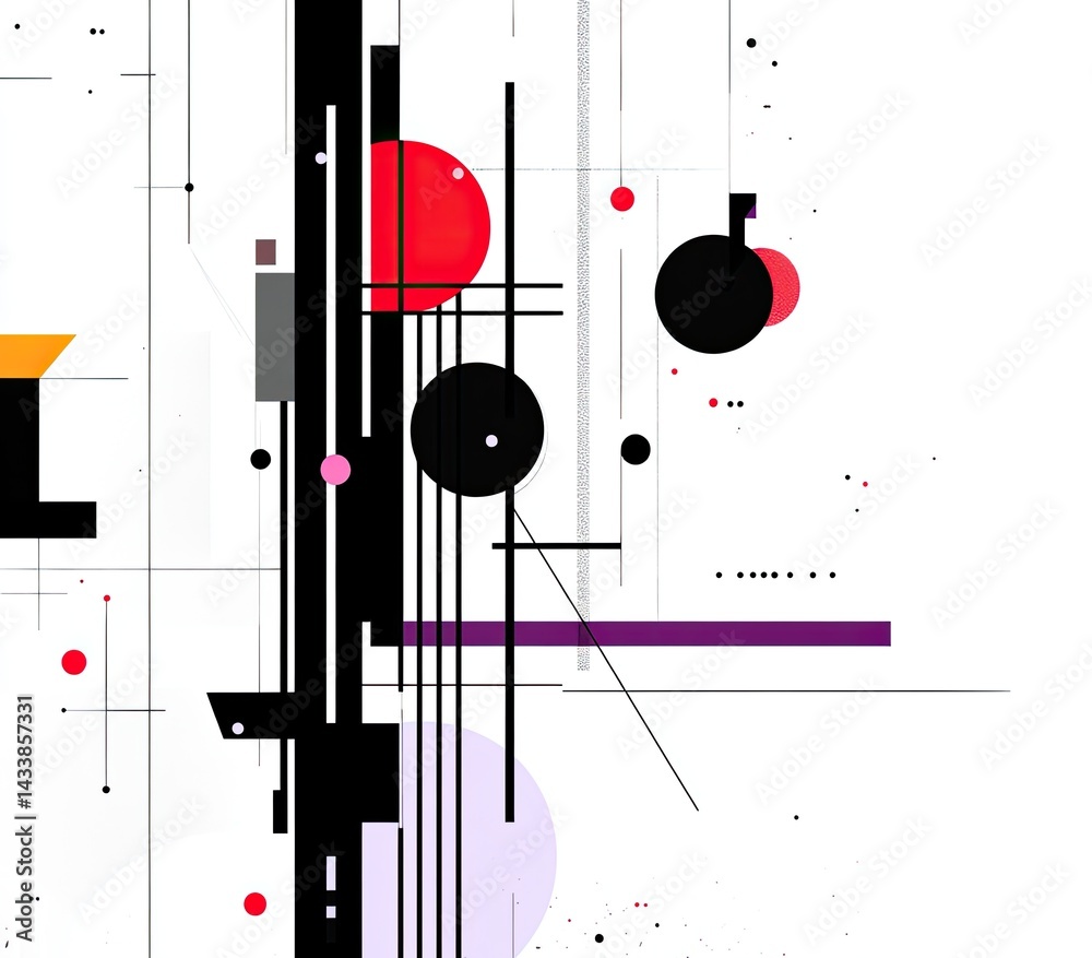 Obraz premium Abstract geometric artwork featuring bold lines, circles, and contrasting colors on a white background
