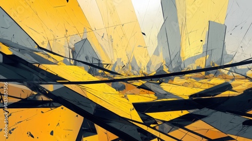 Abstract geometric illustration in yellow and gray, fragmented cityscape, modern art concept. Perfect for backgrounds, posters, and creative projects.