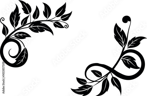 Decorative black leaf designs featuring intricate swirls and details suitable for artistic projects and nature-themed decor