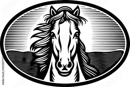 Horse head silhouette with flowing mane surrounded by bold lines in an oval shape