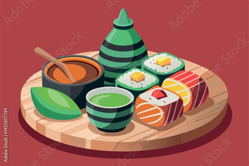 Delicious sushi platter with green tea and dipping sauce arranged on a wooden board