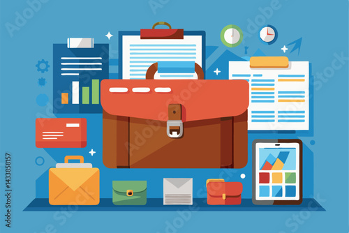 Creative workspace with digital tools and office supplies displayed on a blue background, showcasing organization and productivity