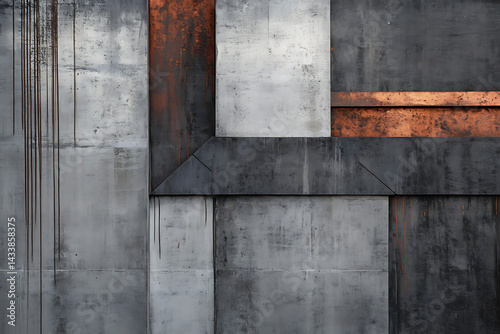 Industrial Wall Art with Raw Concrete, Metallic Shapes, and Copper Accents