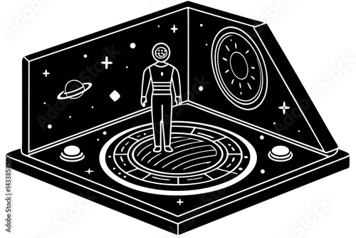 Astronaut stands on a circular platform in a cosmic setting with stars and planets visible in the background