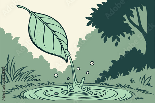 Water droplet falling from a leaf into a pond surrounded by greenery at dawn