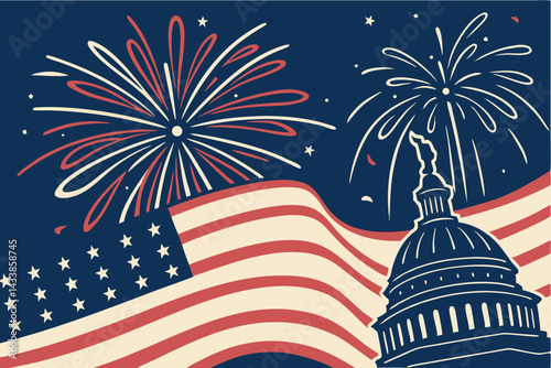 Celebration of freedom with fireworks over Capitol building and American flag during Independence Day festivities
