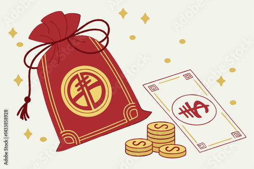 Traditional red envelope filled with coins and banknotes symbolizing prosperity during a cultural celebration