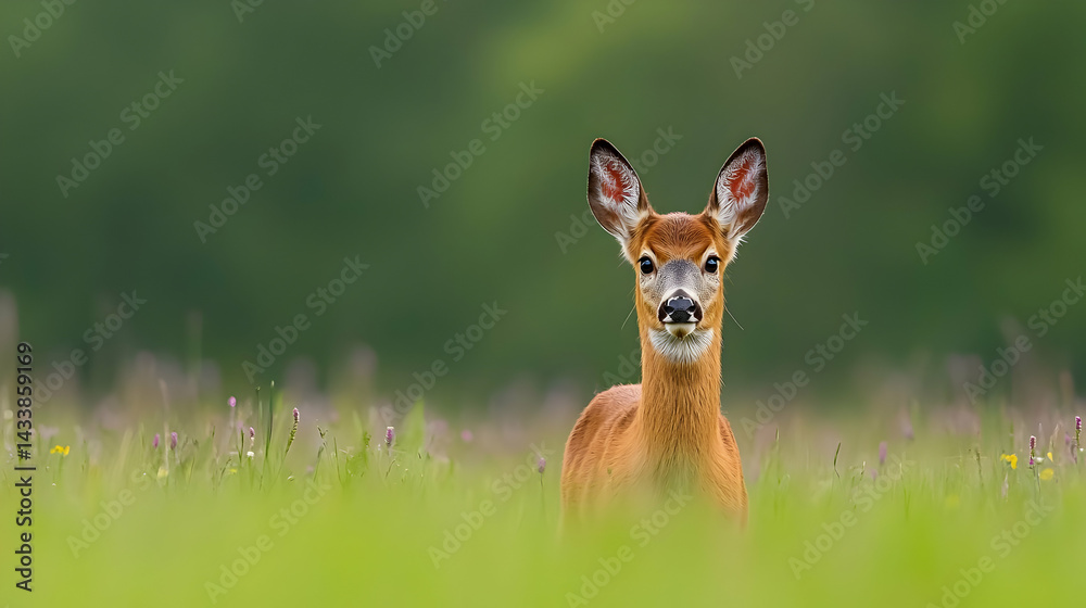 Fototapeta premium Alert Brown Deer Standing In Tall Green Grass With Soft Green Blurred Background And Colorful Wildflowers