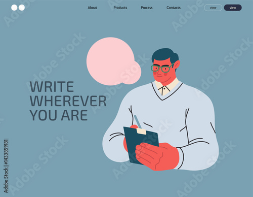 Writing people, modern flat vector concept illustration- standing man thoughtfully writing on clipboard, bubble near head Metaphor for reflection, personal insight, contemplation, creative expression